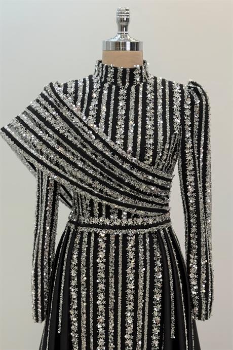 Elegance Tesettür Abiye Siyah Gümüş