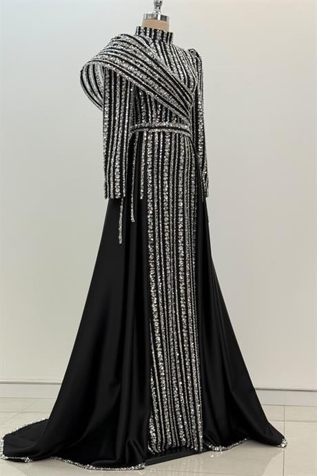 Elegance Tesettür Abiye Siyah Gümüş
