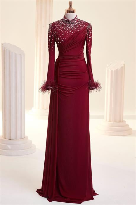 Elmas Tesettür Abiye Bordo