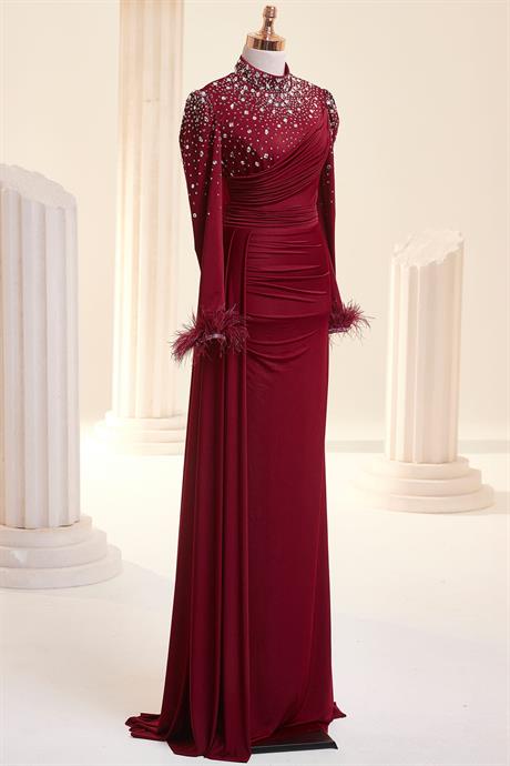 Elmas Tesettür Abiye Bordo