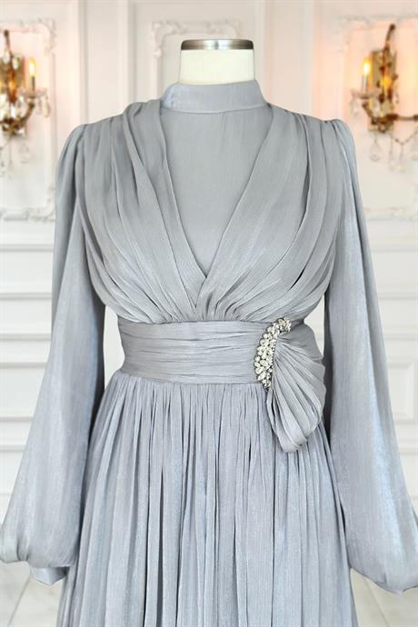 Feray Tesettür Abiye Gri