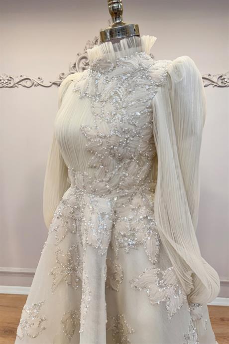 Fioana Pliseli Tesettür Abiye Krem