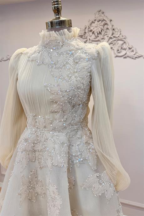 Fioana Pliseli Tesettür Abiye Krem