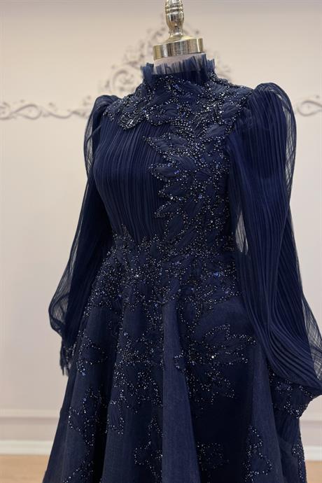 Fioana Pliseli Tesettür Abiye Lacivert