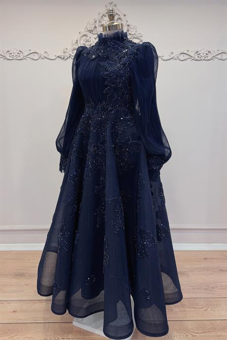 Fioana Pliseli Tesettür Abiye Lacivert