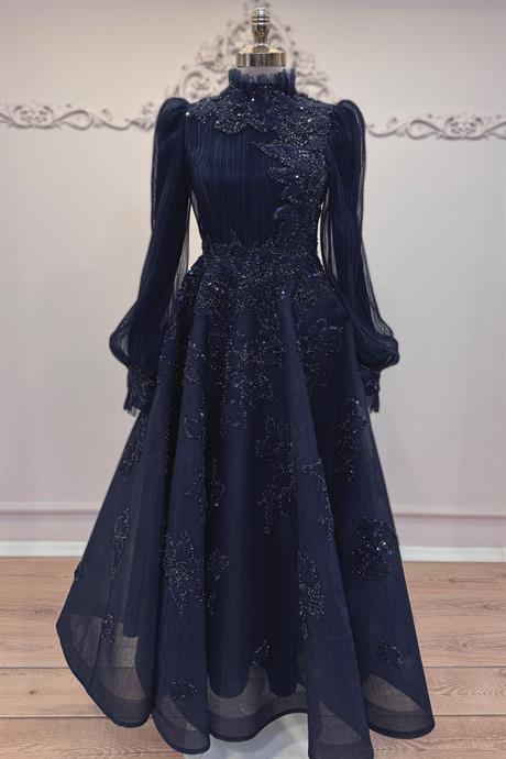 Fioana Pliseli Tesettür Abiye Lacivert