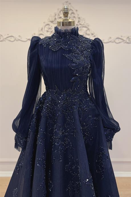 Fioana Pliseli Tesettür Abiye Lacivert