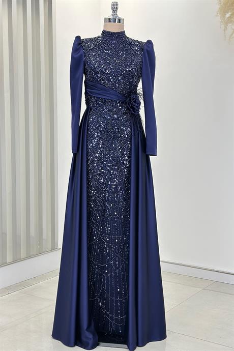 Flowers Tesettür Abiye Lacivert