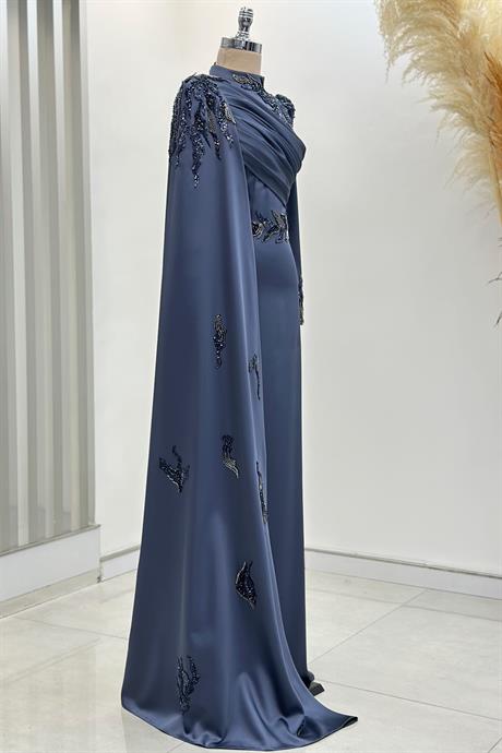 Garnili Tesettür Abiye İndigo