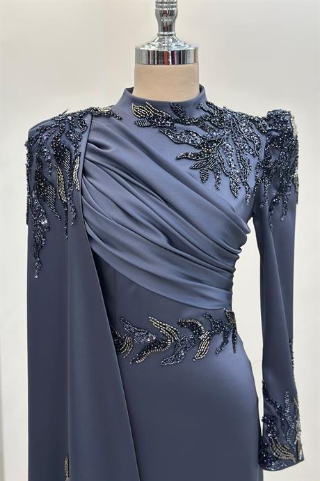 Garnili Tesettür Abiye İndigo