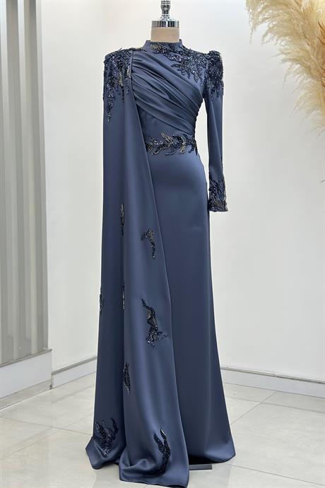 Garnili Tesettür Abiye İndigo