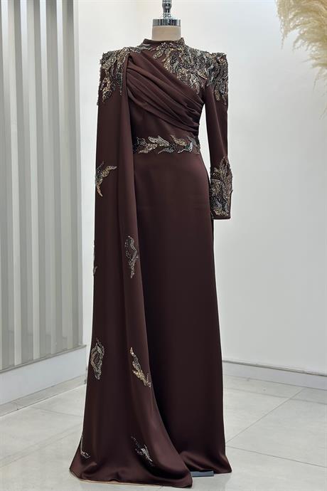 Garnili Tesettür Abiye Kahve