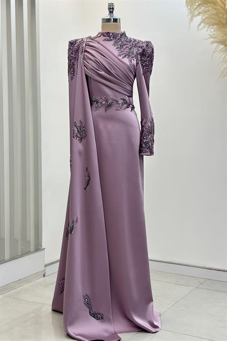 Garnili Tesettür Abiye Lila