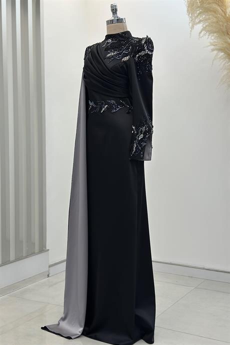 Garnili Tesettür Abiye Siyah