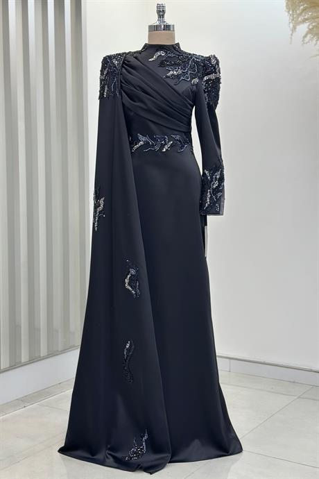 Garnili Tesettür Abiye Siyah