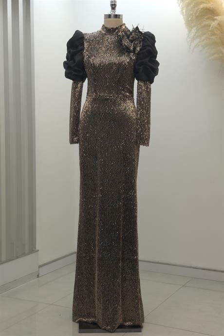 Gina Tesettür Abiye Siyah - Gold