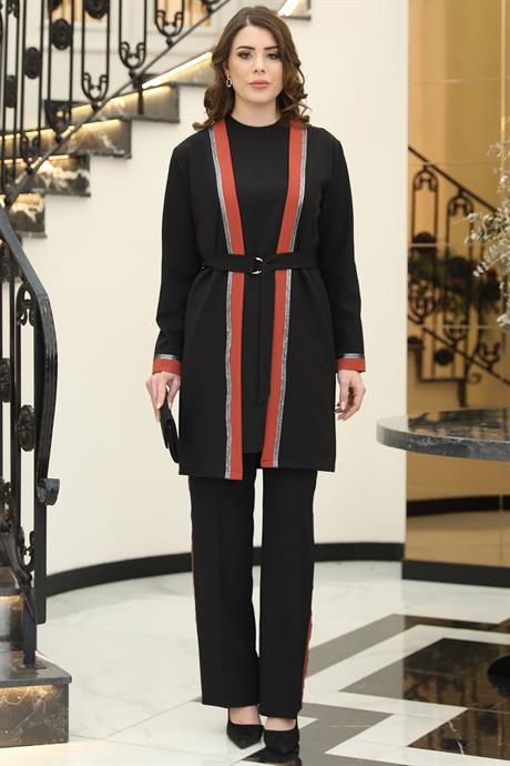 Havin Üçlü Ceket Bluz Pantolon Tesettür Takım Siyah Kiremit