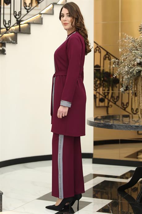 Havin Üçlü Ceket Bluz Pantolon Tesettür Takım Mürdüm Gri