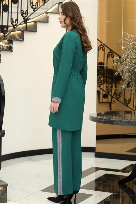 Havin Üçlü Ceket Bluz Pantolon Tesettür Takım Zümrüt Gri
