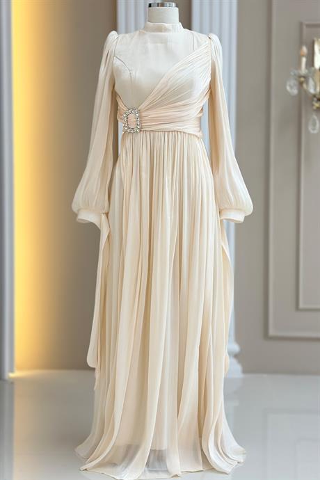 Hira Tesettür Abiye Ekru