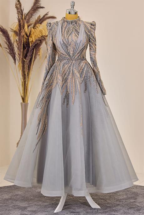 Kübra Tesettür Abiye Gri