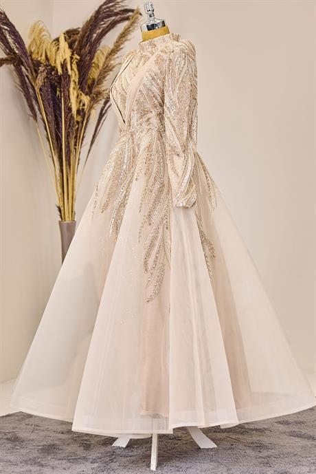 Kübra Tesettür Abiye Krem