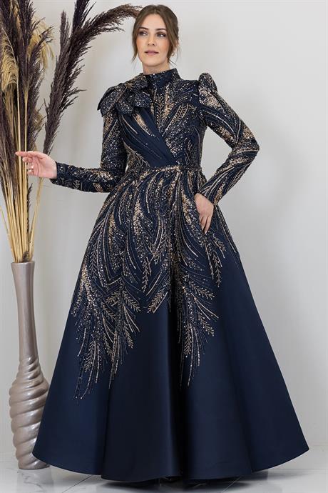 Larin Tesettür Abiye Lacivert Gold