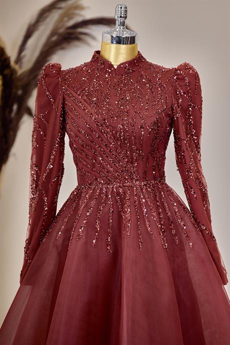 Mila Tesettür Abiye Bordo