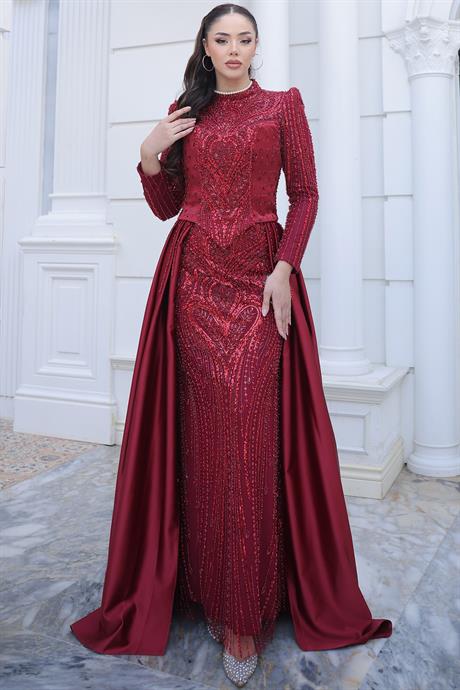 Mila Tesettür Abiye Bordo