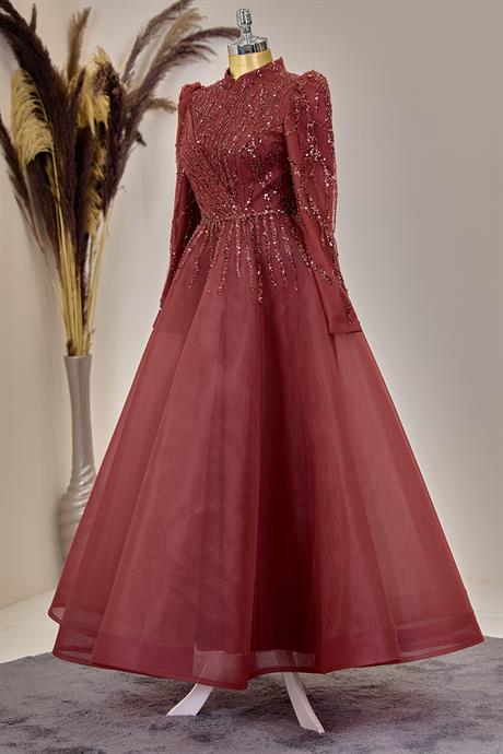 Mila Tesettür Abiye Bordo