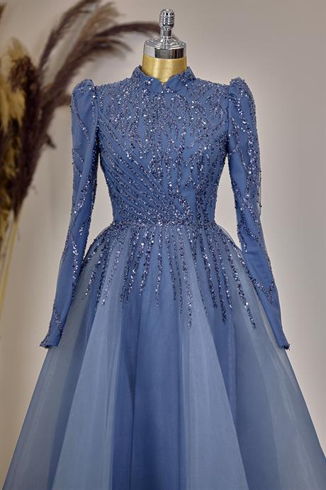 Mila Tesettür Abiye İndigo