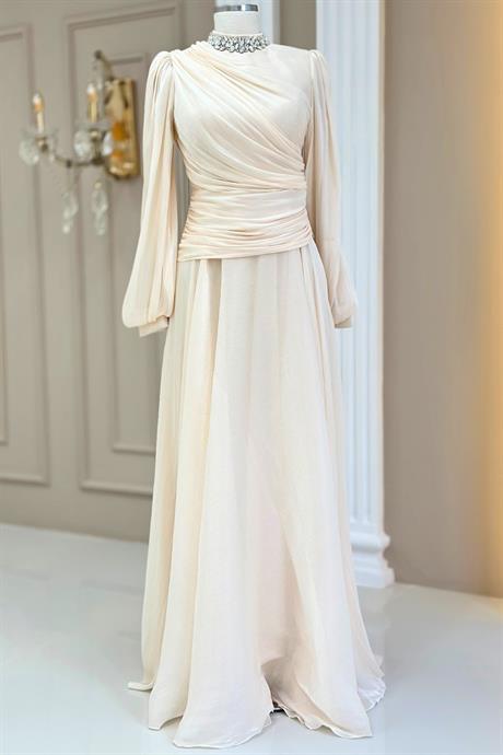 Nergis Tesettür Abiye Krem