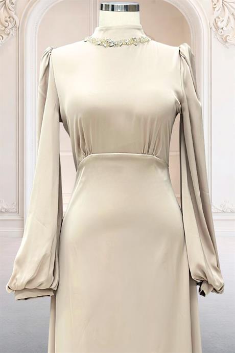 Rüya Saten Tesettür Abiye Bej