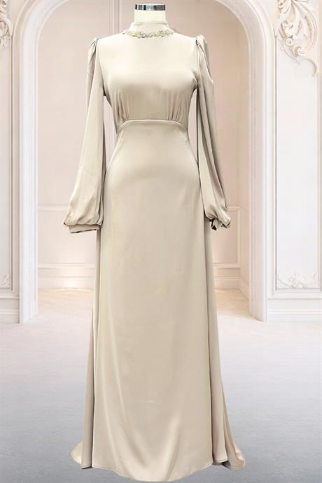 Rüya Saten Tesettür Abiye Bej