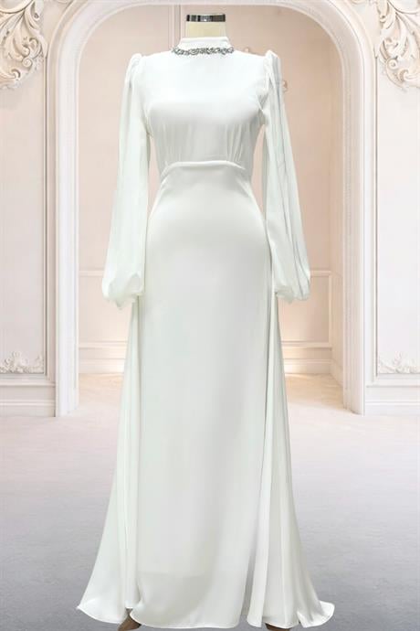 Rüya Saten Tesettür Abiye Ekru