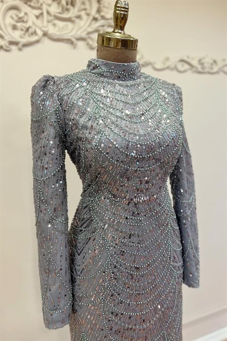 Selena Tesettür Abiye Gri