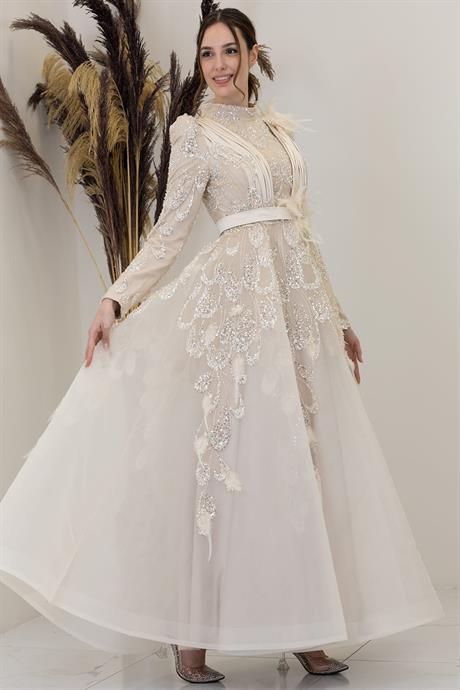 Simge Tesettür Abiye Krem