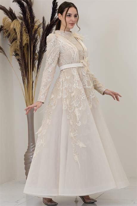 Simge Tesettür Abiye Krem