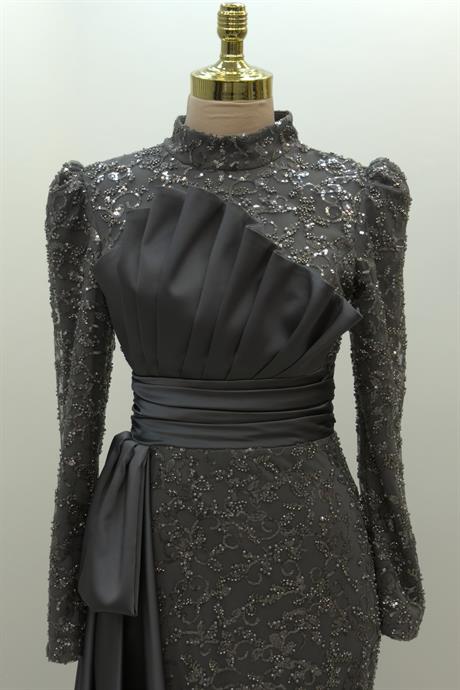 Tomris Tesettür Abiye Gri