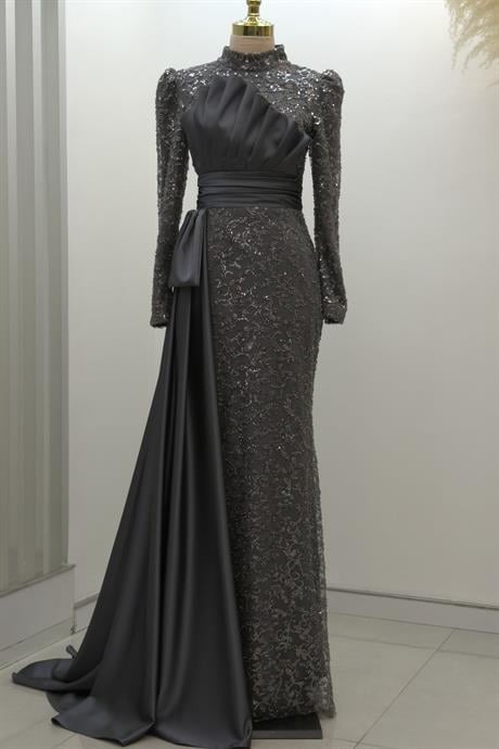 Tomris Tesettür Abiye Gri