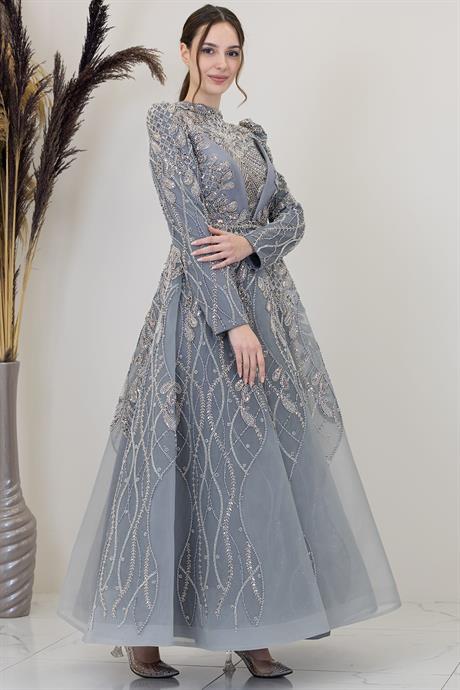 Yaprak Tesettür Abiye Gri