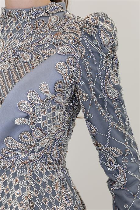 Yaprak Tesettür Abiye Gri