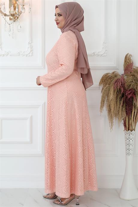 Yaprak Tesettür Elbise Somon