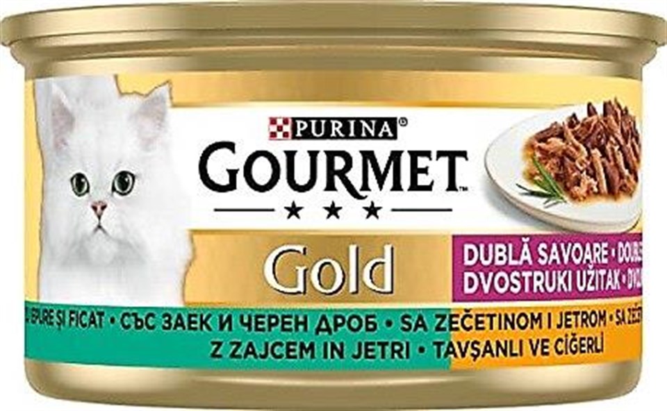 GOURMET GOLD TAVŞANLI VE CİĞERLİ PARÇA ETLİ KEDİ YAŞ MAMASI 85