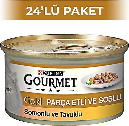 Gourmet Parça Etli Soslu Somonlu ve Tavuklu 85 gr 24'lü Yetişkin Konserve Kedi Maması