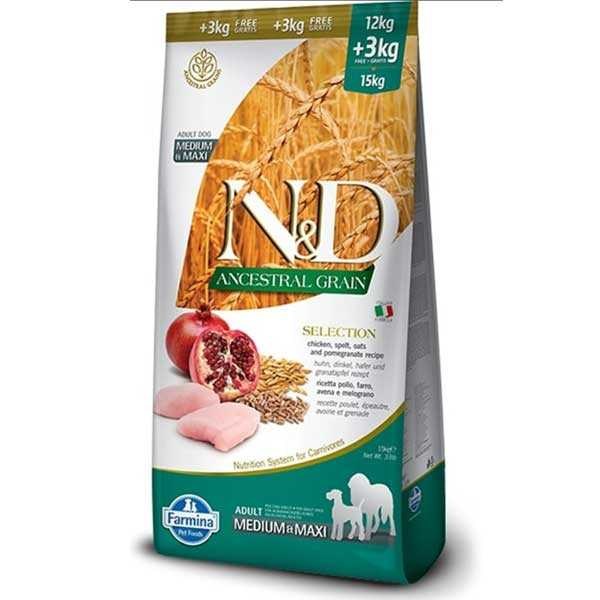 N&D Düşük Tahıllı Tavuk Etli ve Narlı Yetişkin Köpek Maması 12+3 kg