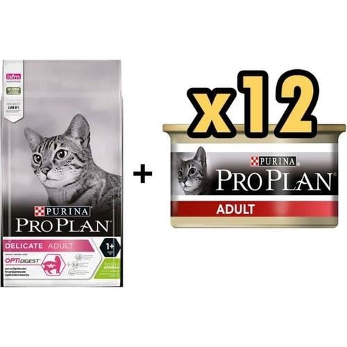 Pro Plan Delicate Kuzulu Yetişkin Kedi Maması 3 kg ve 12 Adet Proplan Adult Tavuk Etli Yetişkin Kedi Konservesi 85 gr
