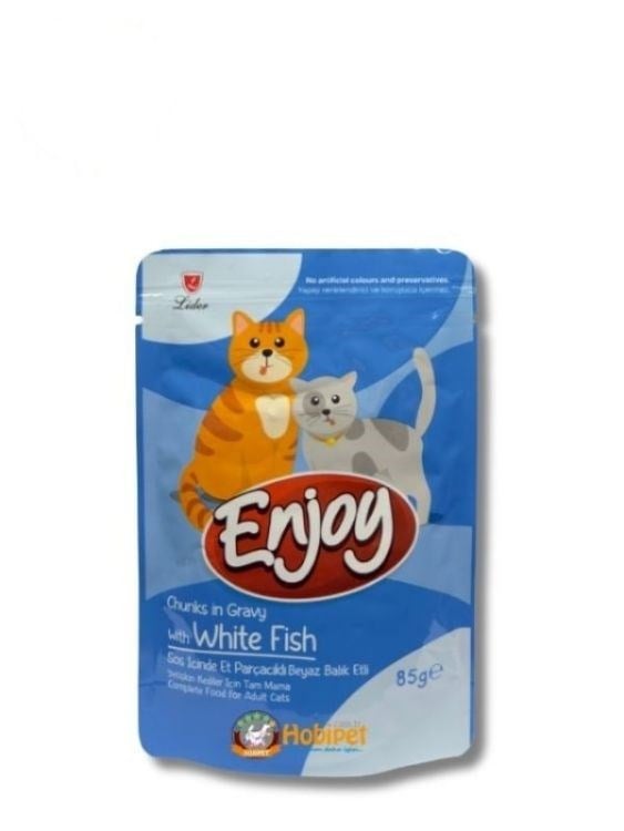 Enjoy Pouch Sos İçinde Et Parçacıklı Beyaz Balıklı Yetişkin Kedi Maması 85 gr