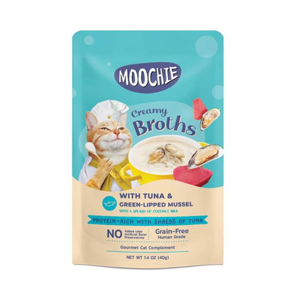Moochie Parça Ton Balıklı ve Yeşil Dudaklı Midyeli Tahılsız Kedi Çorbası 40gr