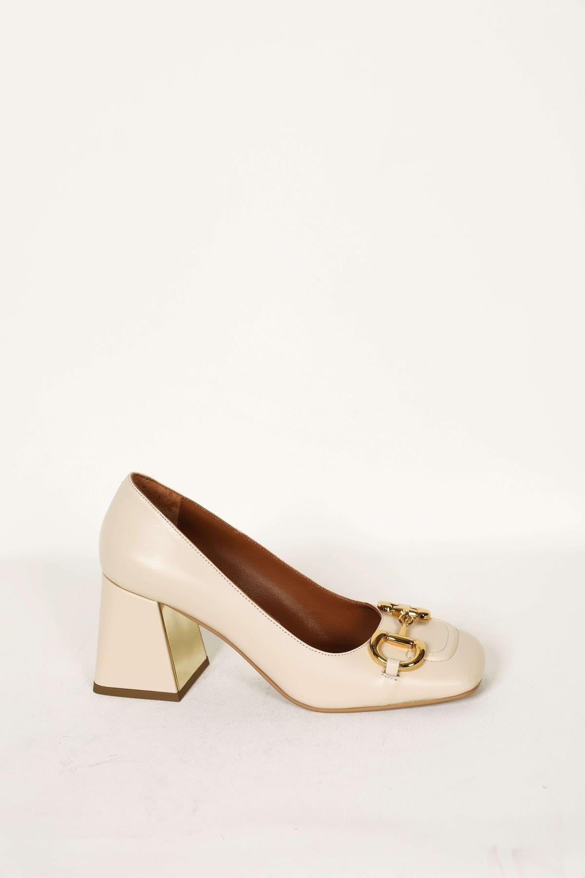 Kadın Krem Hakiki Deri Topuklu Ayakkabı